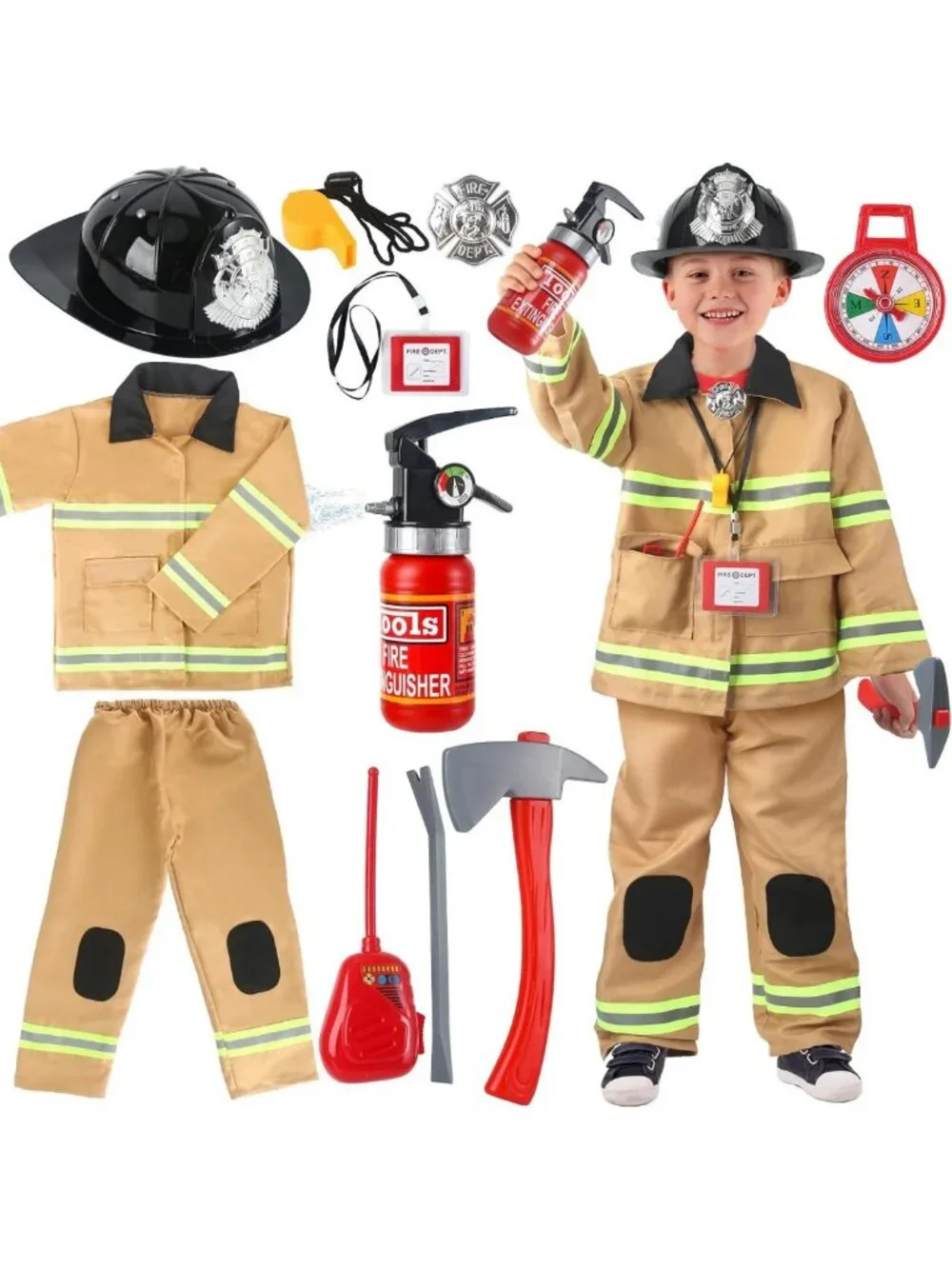Kids Firefighter Costume with Toy Accessories | Toddler Dress Up Outfit 2-7